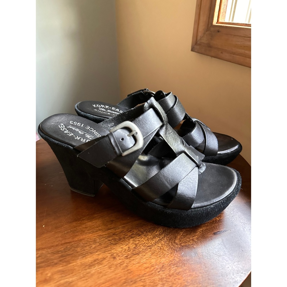 Kork-Ease Black Leather Strappy Platform Block Heel Sandals K3063 Size 8/39